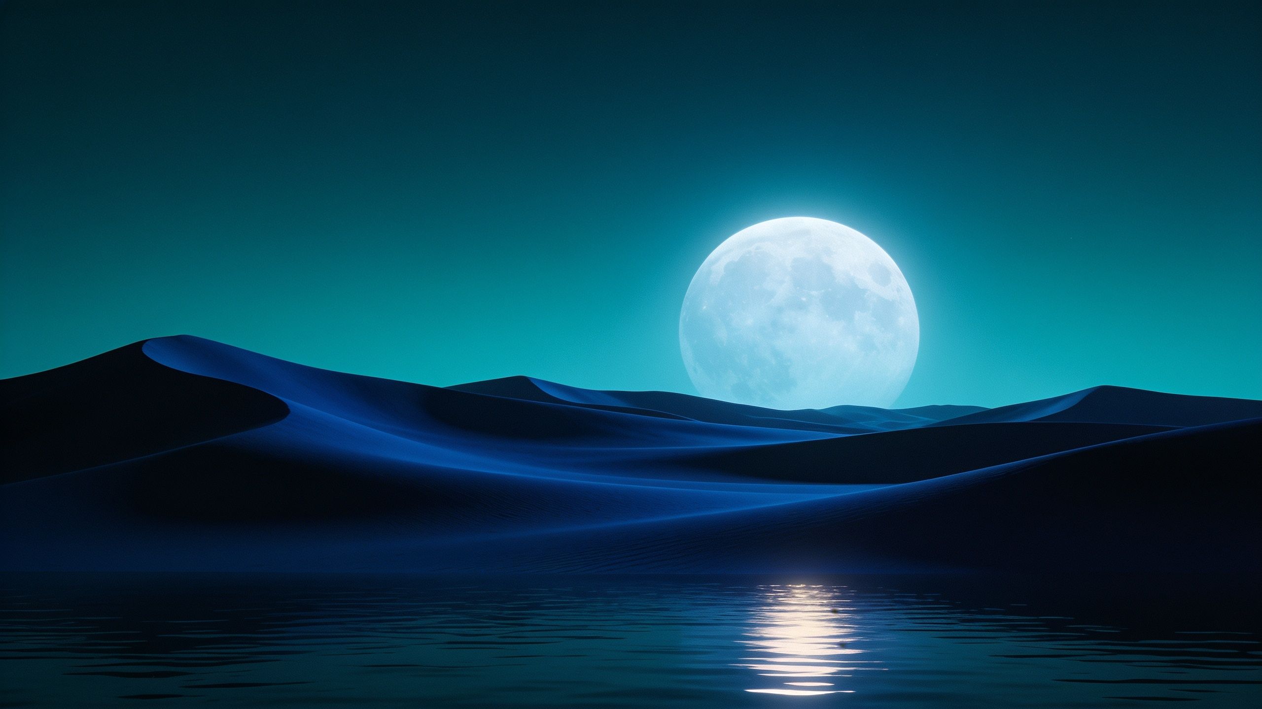A tranquil desert scene under a full moon, with soft blue dunes reflecting in a calm, shimmering body of water, creating a serene and peaceful atmosphere.