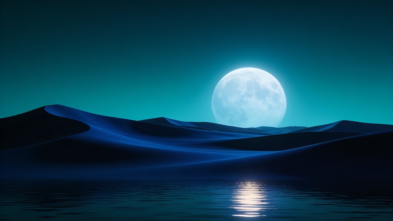 A tranquil desert scene under a full moon, with soft blue dunes reflecting in a calm, shimmering body of water, creating a serene and peaceful atmosphere.