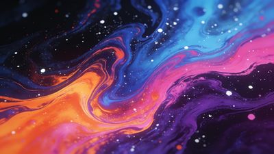 Abstract art wallpaper featuring vibrant cosmic swirls in shades of orange, pink, and blue, set against a dark background with scattered white specks resembling stars, creating a dynamic and energetic mood.