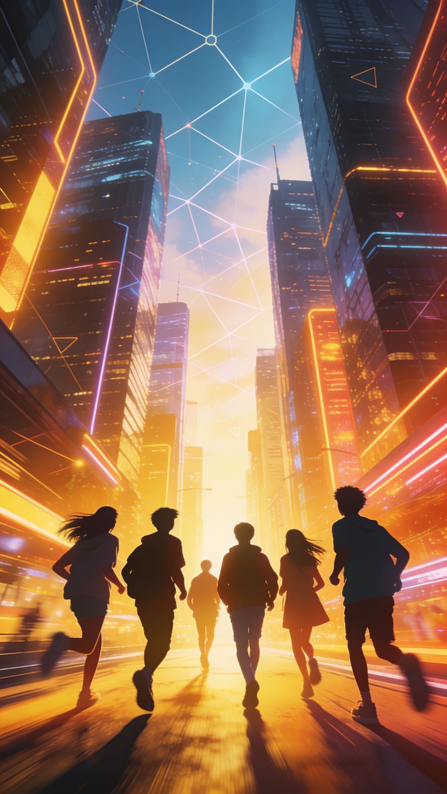 A group of young people runs energetically through a futuristic cityscape, surrounded by towering skyscrapers adorned with vibrant neon lights. The sky is a dynamic blend of blue and orange, with geometric patterns suggesting a sense of connectivity and innovation, capturing the spirit of International Youth Day.