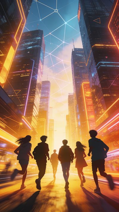 A group of young people runs energetically through a futuristic cityscape, surrounded by towering skyscrapers adorned with vibrant neon lights. The sky is a dynamic blend of blue and orange, with geometric patterns suggesting a sense of connectivity and innovation, capturing the spirit of International Youth Day.