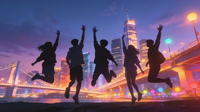 Silhouetted against a vibrant cityscape at dusk, a group of young people leap joyfully, embodying the spirited energy of youth. The colorful lights of the city and the bridge create a lively and hopeful atmosphere, perfect for celebrating International Youth Day.