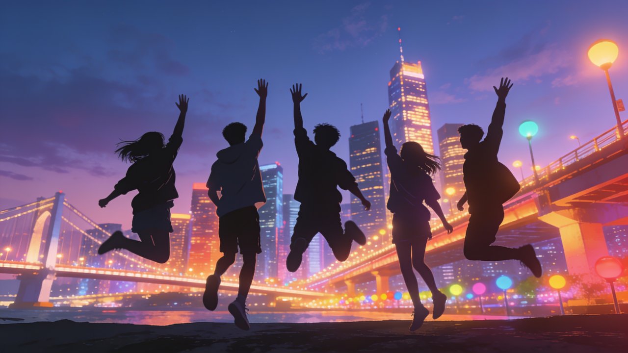 Silhouetted against a vibrant cityscape at dusk, a group of young people leap joyfully, embodying the spirited energy of youth. The colorful lights of the city and the bridge create a lively and hopeful atmosphere, perfect for celebrating International Youth Day.