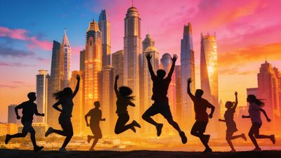 Silhouetted against a vibrant sunset, a group of young people joyfully leap and dance in front of a city skyline, capturing the spirit of youth and celebration. The warm hues of orange, pink, and purple in the sky create an energetic and uplifting atmosphere.