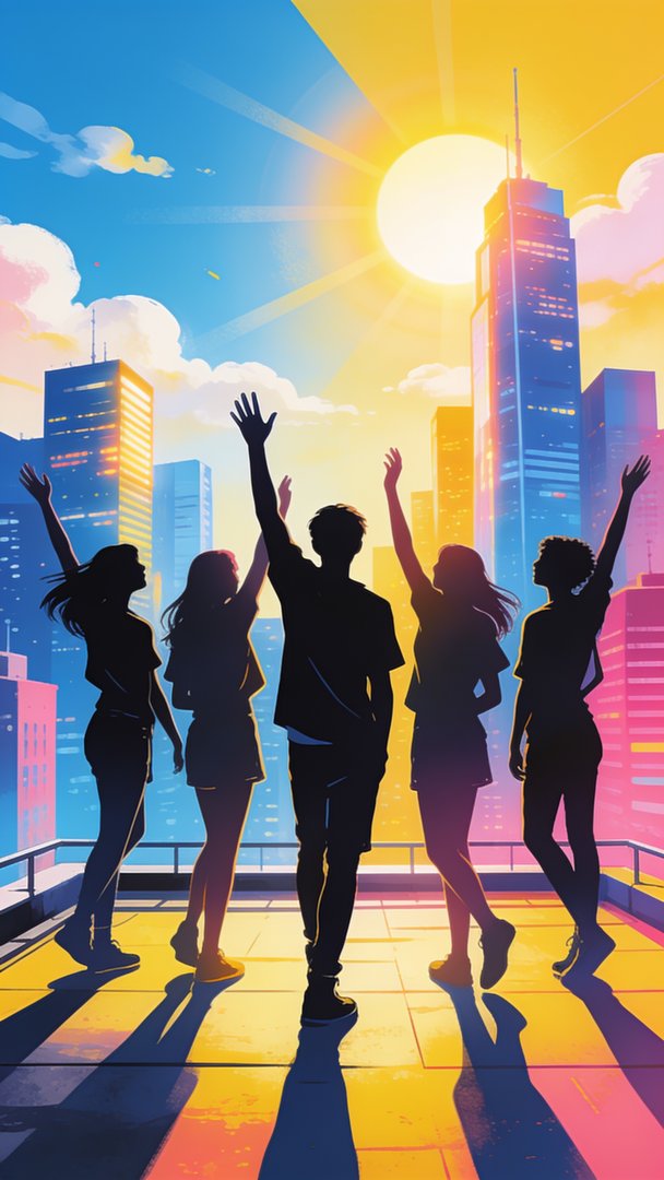 Silhouetted against a vibrant cityscape, a group of young people raise their arms joyfully towards the sun, capturing the spirit of energy and unity often celebrated on International Youth Day. The warm hues of the sunrise blend with the cool tones of the urban skyline, creating an atmosphere of hope and possibility.
