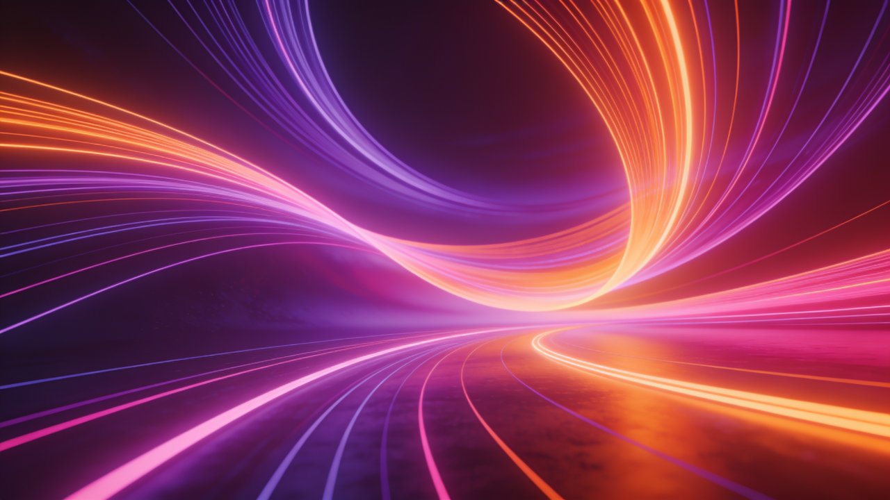 A dynamic display of vibrant neon light trails in shades of purple, pink, and orange curves gracefully across a dark background, creating a sense of motion and energy. The setting feels futuristic and lively, evoking a mood of excitement and innovation.