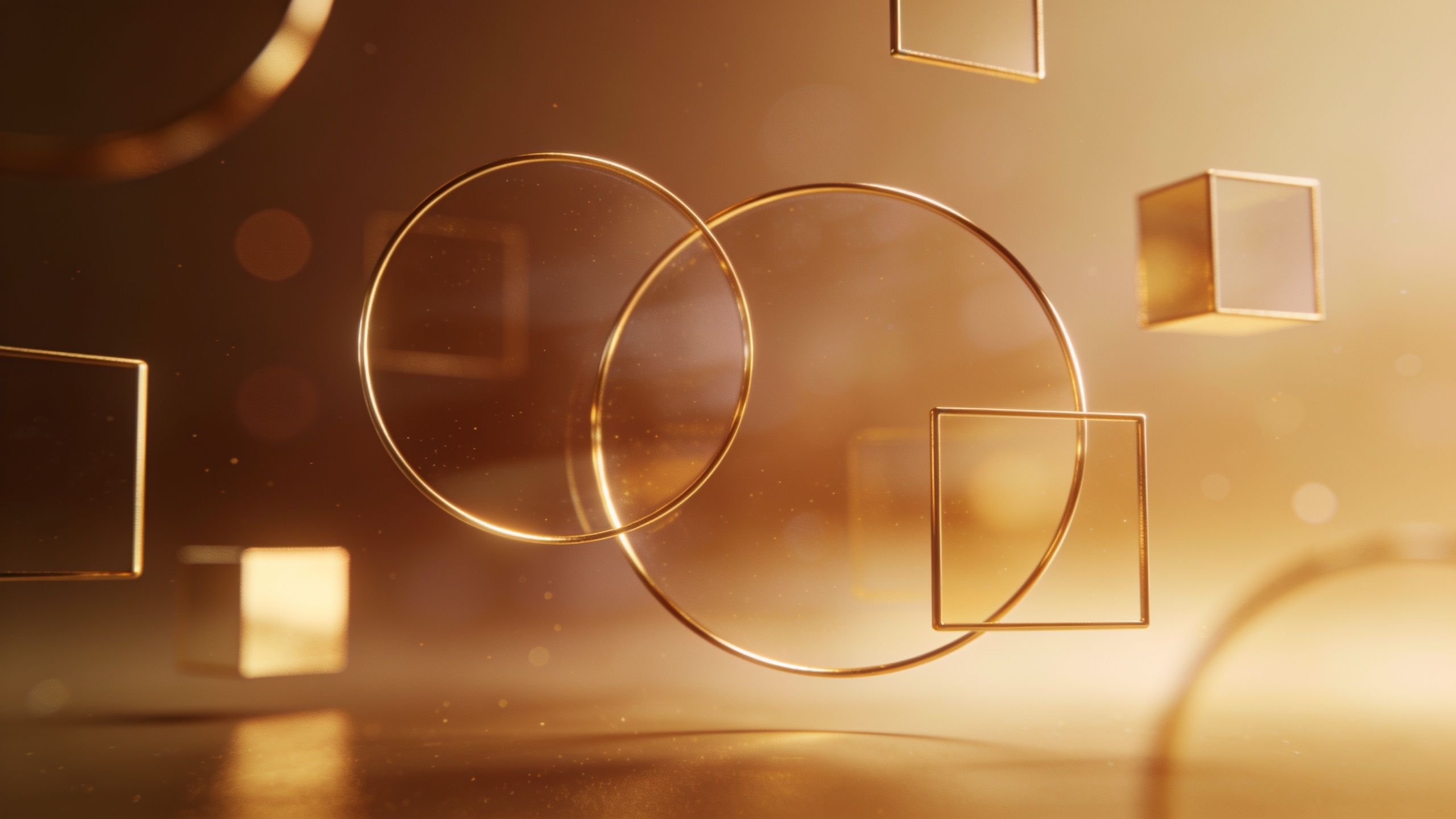 The wallpaper features golden geometric shapes, including circles and squares, floating in a warm, glowing abstract setting, creating a serene and ethereal mood. The soft lighting and gentle gradients enhance the sense of depth and tranquility.