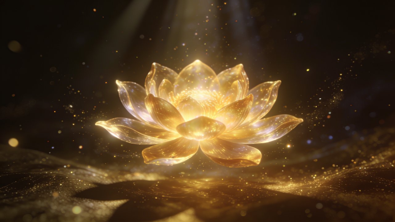 A radiant golden lotus floats in a dark, cosmic setting, illuminated by ethereal light and surrounded by shimmering particles, creating a serene and mystical atmosphere.