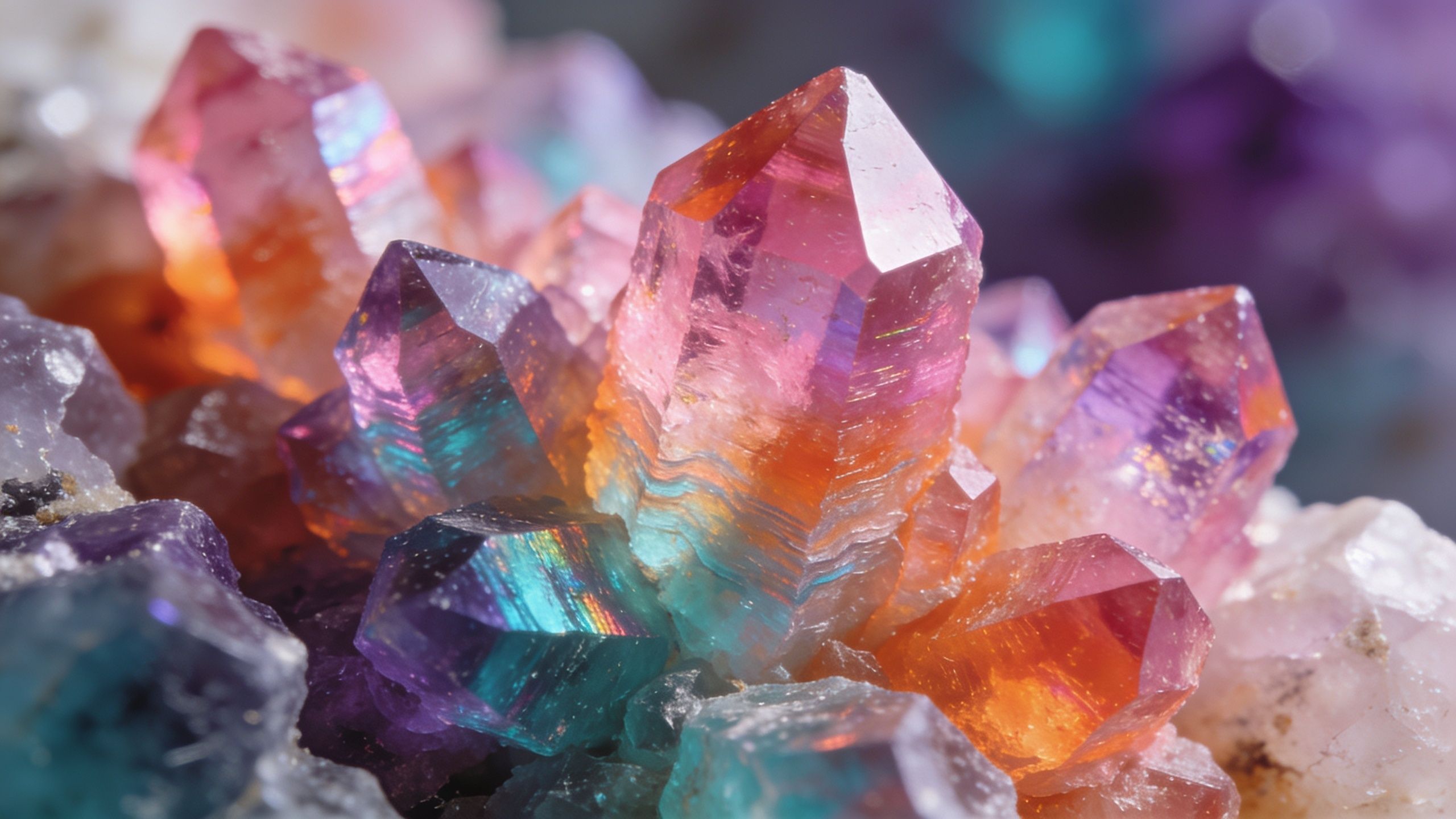 A vibrant cluster of crystals in radiant hues of pink, orange, blue, and purple is depicted, creating a mesmerizing and ethereal atmosphere. The intricate facets and shimmering colors evoke a sense of wonder and beauty.