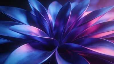 A digitally rendered flower with vibrant neon petals in shades of blue, purple, and pink, creating a luminous and dynamic visual effect against a dark background, evoking a futuristic and energetic mood.