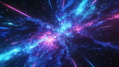 A dynamic cosmic explosion in deep space, featuring vibrant hues of blue and pink radiating outward, set against a backdrop of countless stars, creating a sense of awe and wonder.