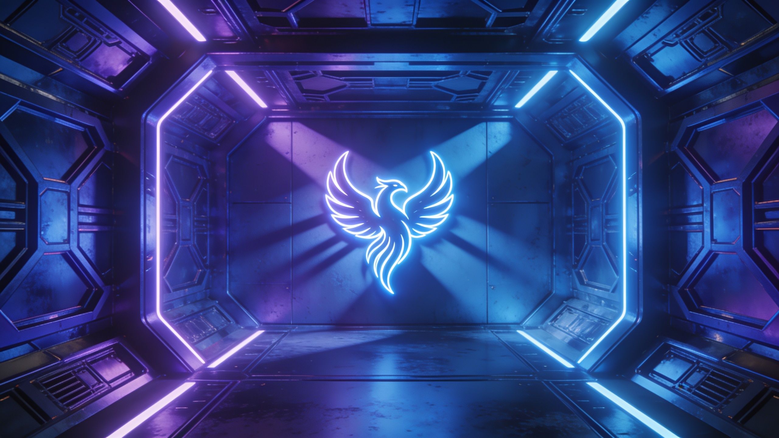 A glowing neon phoenix is illuminated in vibrant blue and purple hues within a sleek, futuristic sci-fi corridor, creating a dynamic and otherworldly atmosphere.