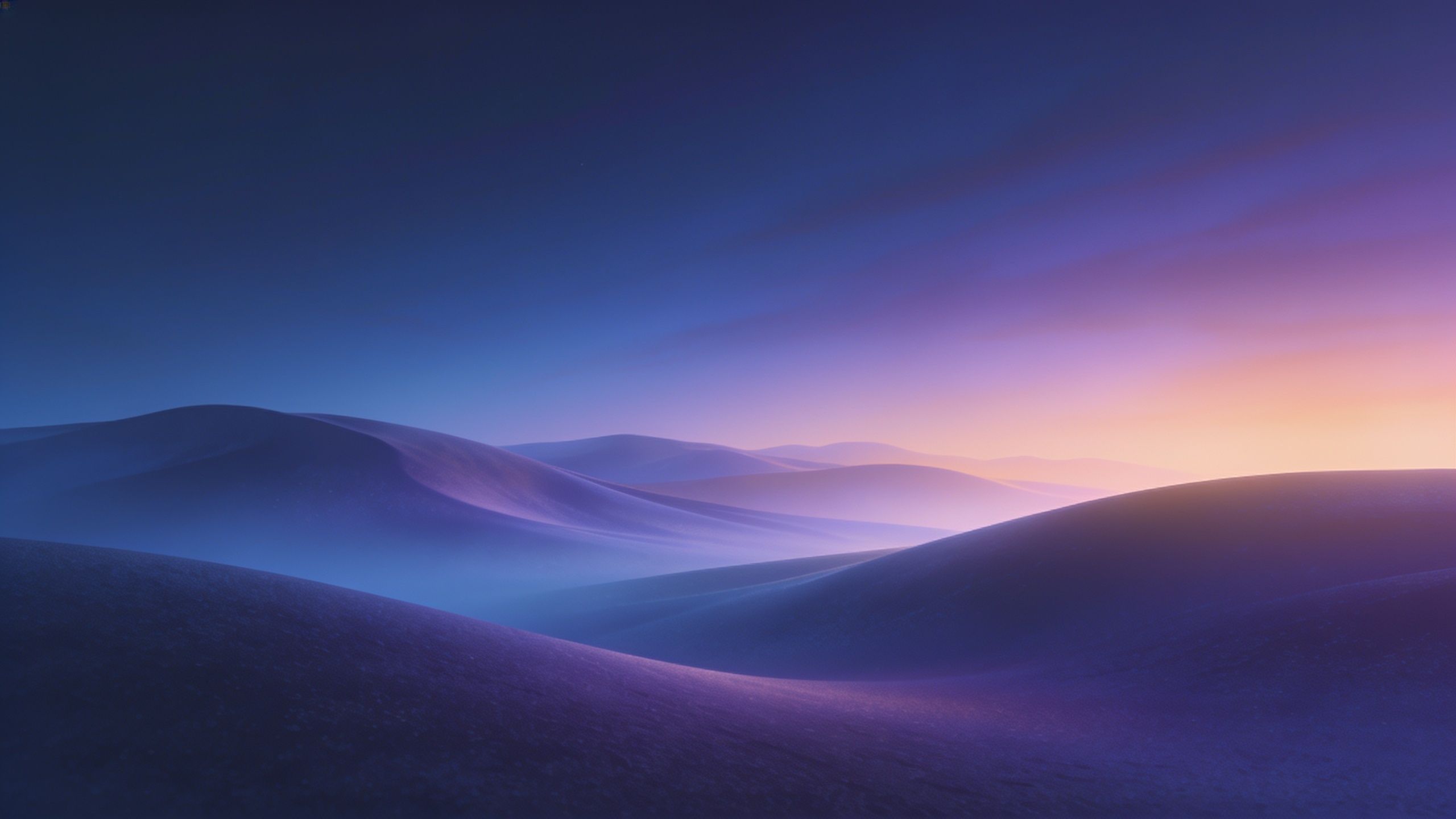 A serene twilight scene unfolds over gently rolling hills bathed in soft purple and blue hues, with a warm glow on the horizon creating a tranquil and calming atmosphere.