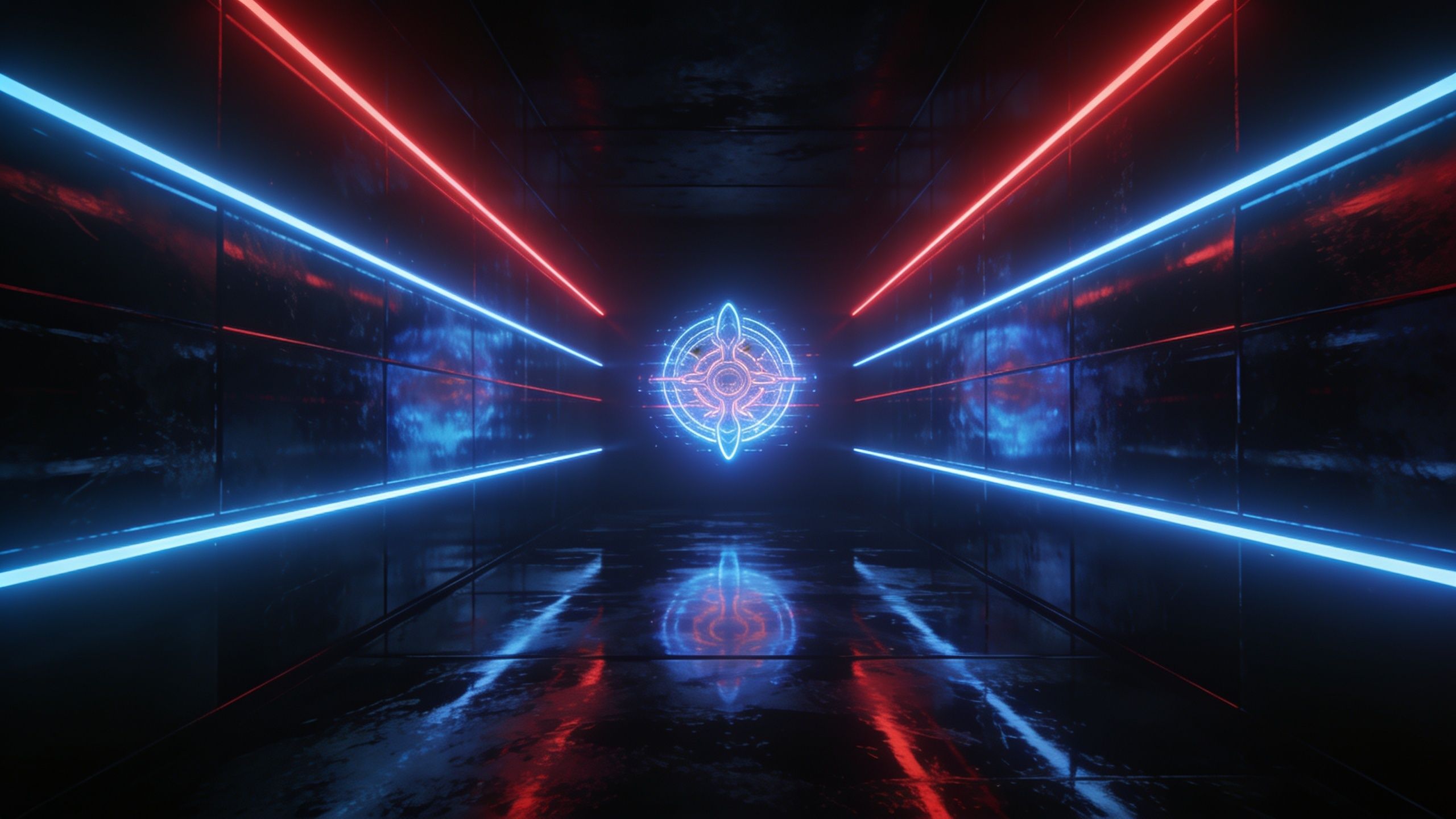 A sleek, futuristic corridor is illuminated by vibrant red and blue neon lights, converging towards a glowing, intricate symbol at the center, creating a mysterious and high-tech atmosphere.