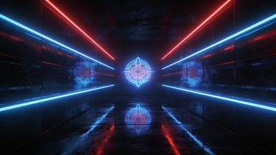 A sleek, futuristic corridor is illuminated by vibrant red and blue neon lights, converging towards a glowing, intricate symbol at the center, creating a mysterious and high-tech atmosphere.