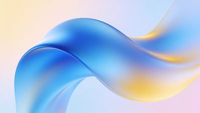 The wallpaper features elegant, flowing waves in shades of blue and gold, creating a serene and sophisticated abstract design against a soft gradient background. The smooth curves and harmonious color blend evoke a calming and luxurious mood.