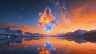 A large, glowing crystal hovers over a tranquil mountain lake, reflecting vibrant orange and blue hues in the water, set against a backdrop of snow-capped peaks and a starry twilight sky, creating a magical and serene atmosphere.