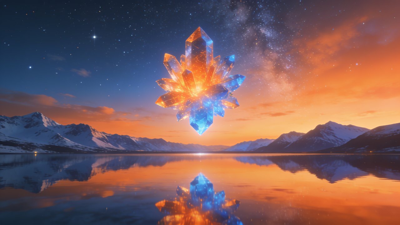 A large, glowing crystal hovers over a tranquil mountain lake, reflecting vibrant orange and blue hues in the water, set against a backdrop of snow-capped peaks and a starry twilight sky, creating a magical and serene atmosphere.