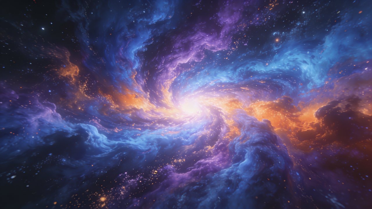 A vibrant cosmic swirl in deep space features a luminous spiral of vivid blues, purples, and oranges, creating a dynamic and mesmerizing celestial scene filled with stars and nebulae. The mood is awe-inspiring and otherworldly, evoking the vastness and mystery of the universe.