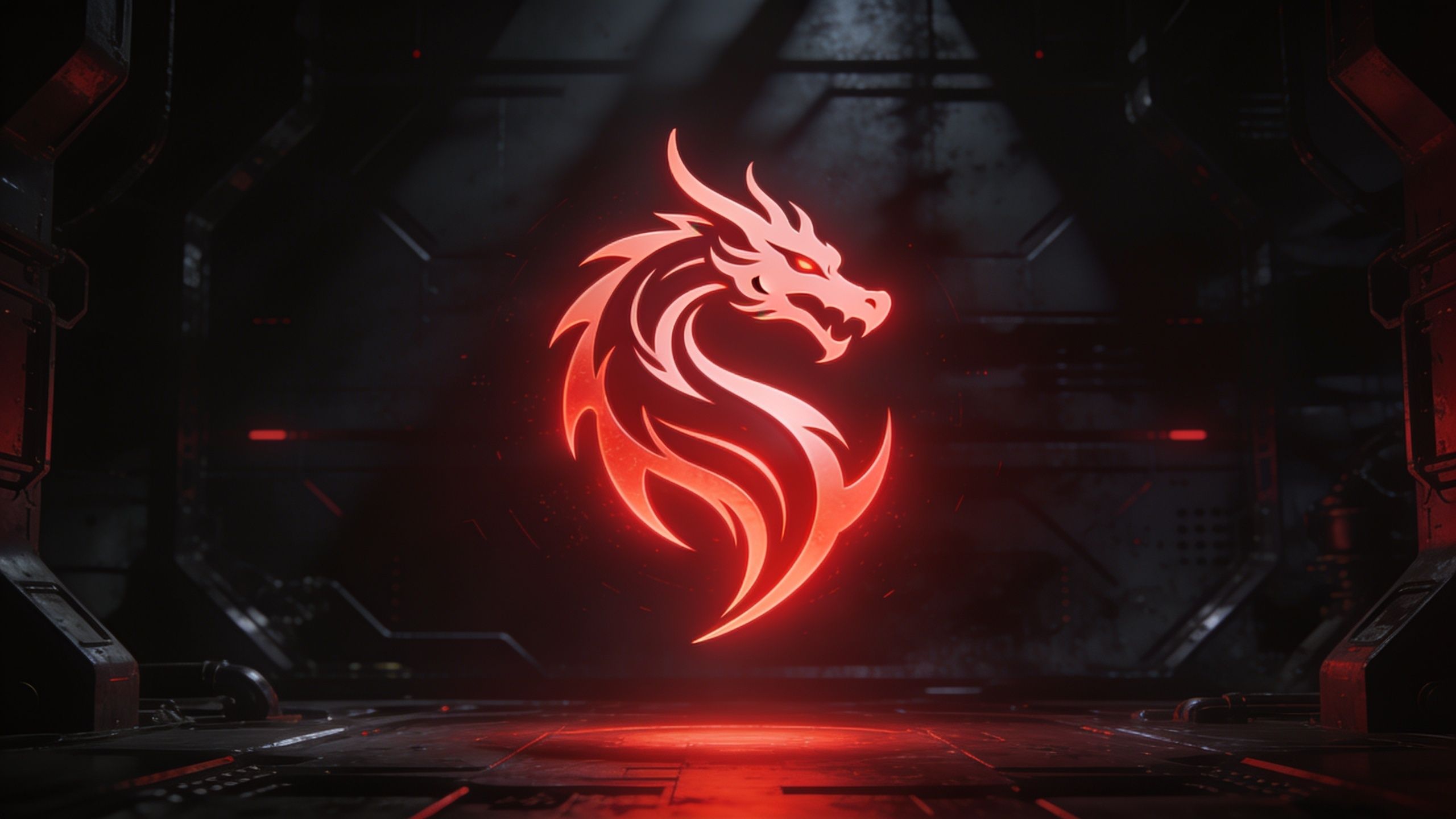 A glowing red dragon emblem is centered against a dark, industrial background, creating a mysterious and intense atmosphere.