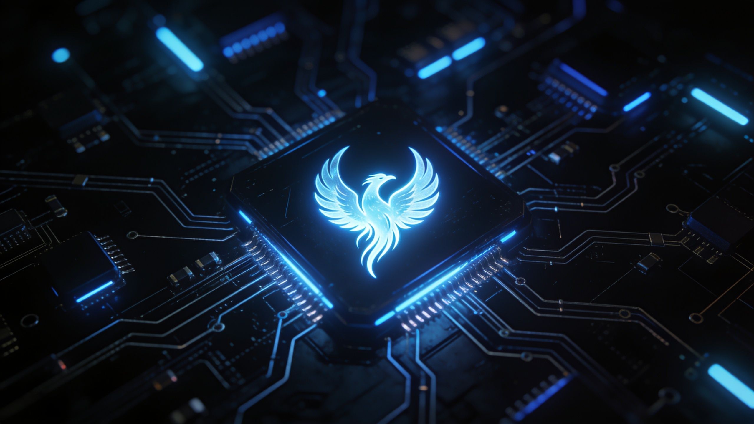 A glowing phoenix emblem is intricately integrated into a dark, futuristic circuit board, emitting a vibrant blue light that creates a high-tech and dynamic atmosphere.