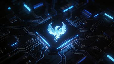 A glowing phoenix emblem is intricately integrated into a dark, futuristic circuit board, emitting a vibrant blue light that creates a high-tech and dynamic atmosphere.