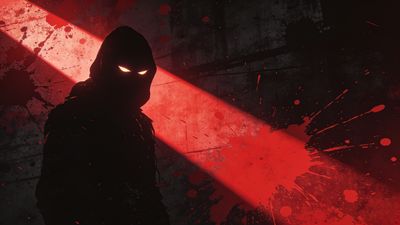 A hooded figure stands in shadow, illuminated by a striking red light that casts dramatic splatters and shadows across the scene, creating an ominous and mysterious atmosphere.