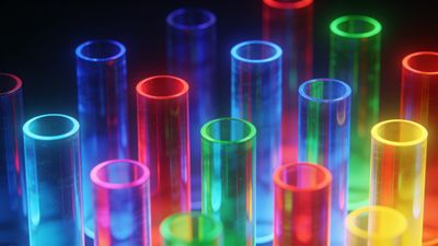 A collection of neon test tubes glows vibrantly in a dark setting, showcasing a spectrum of colors including blue, red, green, and yellow, creating a futuristic and dynamic mood.