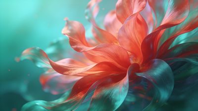 A vibrant abstract flower with swirling, multicolored petals in shades of red, orange, and teal is depicted in soft focus against a blurred turquoise background, creating a dreamy and ethereal mood.