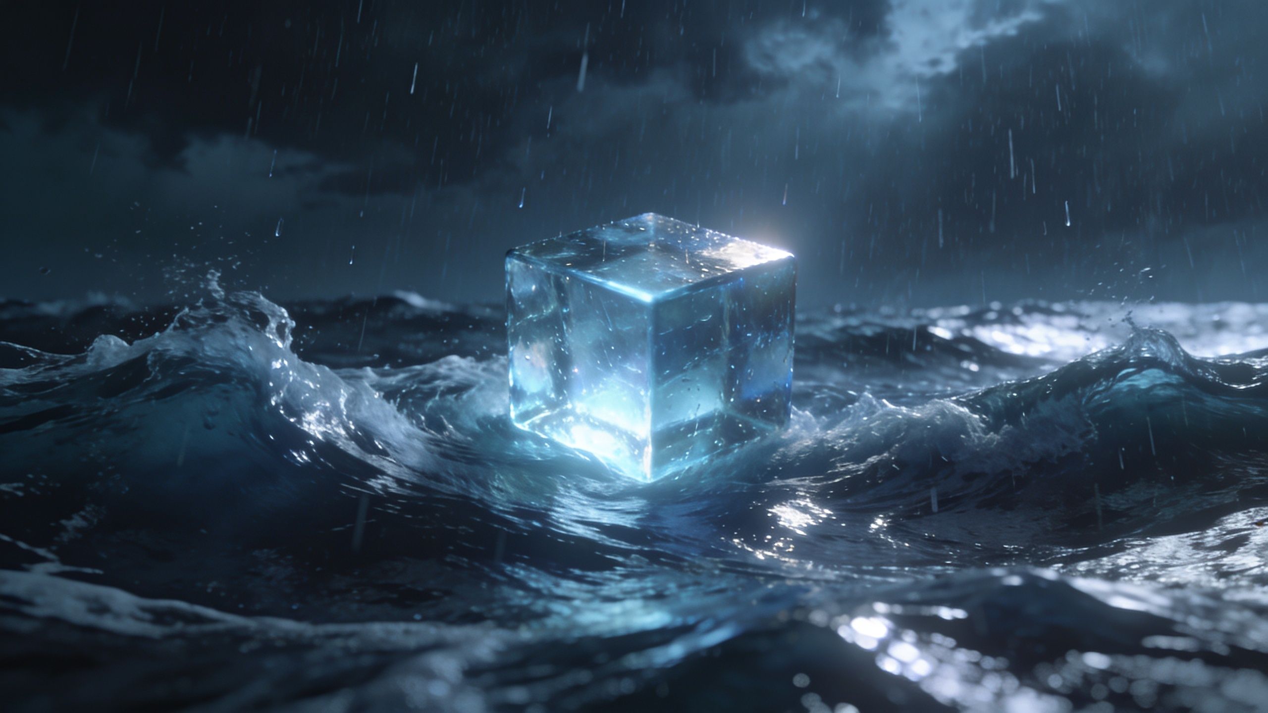 A luminous, transparent cube floats amidst turbulent ocean waves under a stormy, dark sky, creating a mystical and surreal atmosphere.