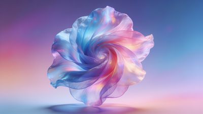 A delicate swirl of pastel colors, including soft pinks, blues, and purples, creates an ethereal and dreamy atmosphere against a smooth gradient background. The flowing, translucent shapes evoke a sense of calm and serenity.