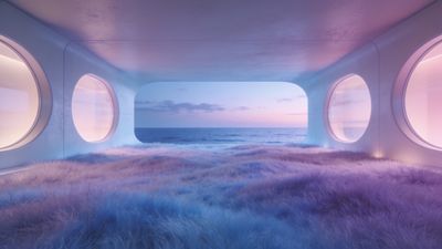 A futuristic room with large round windows overlooks a serene ocean, bathed in soft pastel hues of pink and blue, creating a tranquil and dreamy atmosphere.