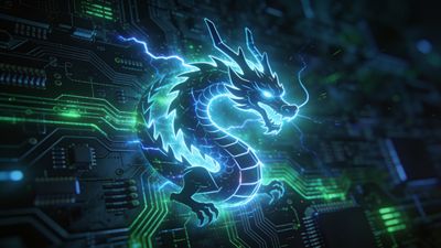 A glowing neon dragon, intricately designed to resemble circuitry, is set against a dark, futuristic backdrop of electronic components, creating a dynamic and high-tech atmosphere. The vibrant blue and green hues enhance the sense of energy and innovation.