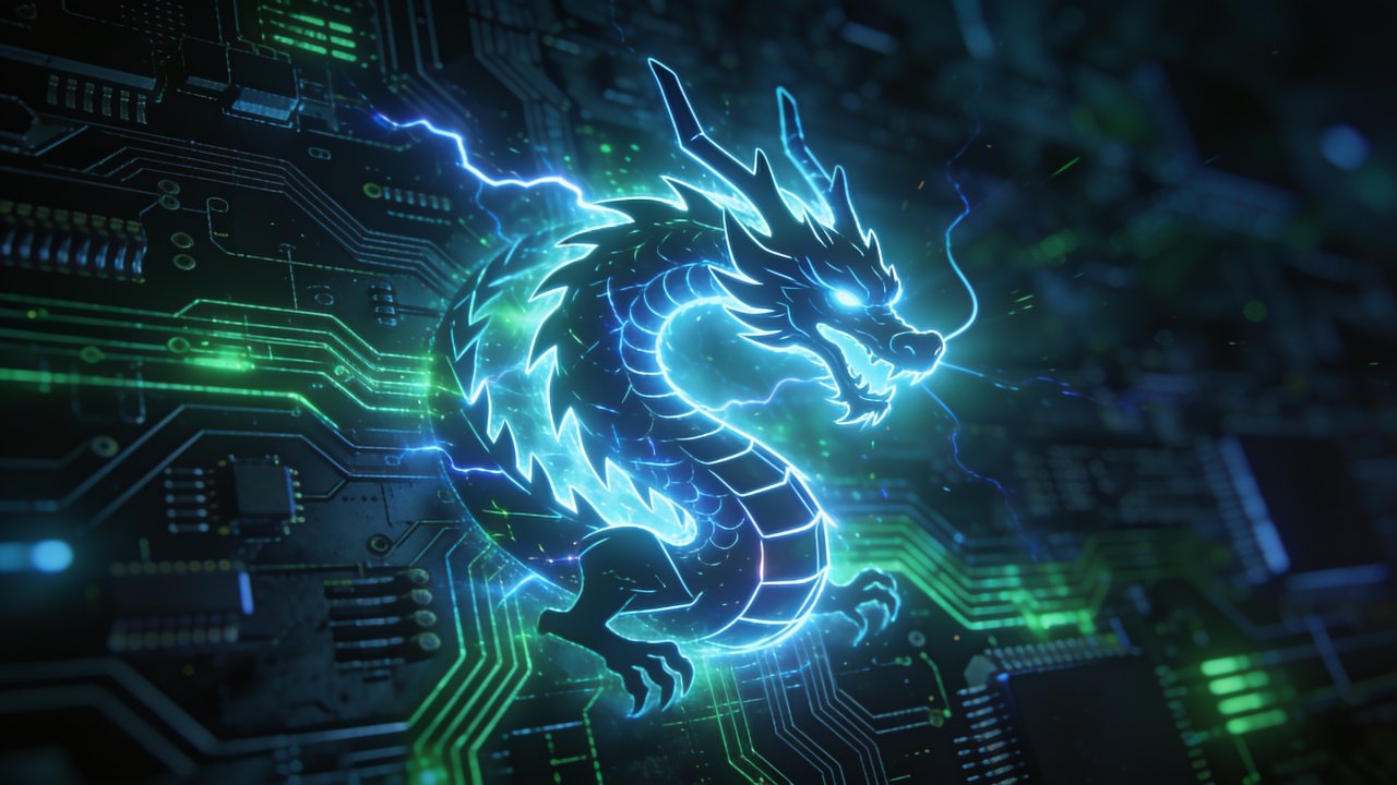 A glowing neon dragon, intricately designed to resemble circuitry, is set against a dark, futuristic backdrop of electronic components, creating a dynamic and high-tech atmosphere. The vibrant blue and green hues enhance the sense of energy and innovation.