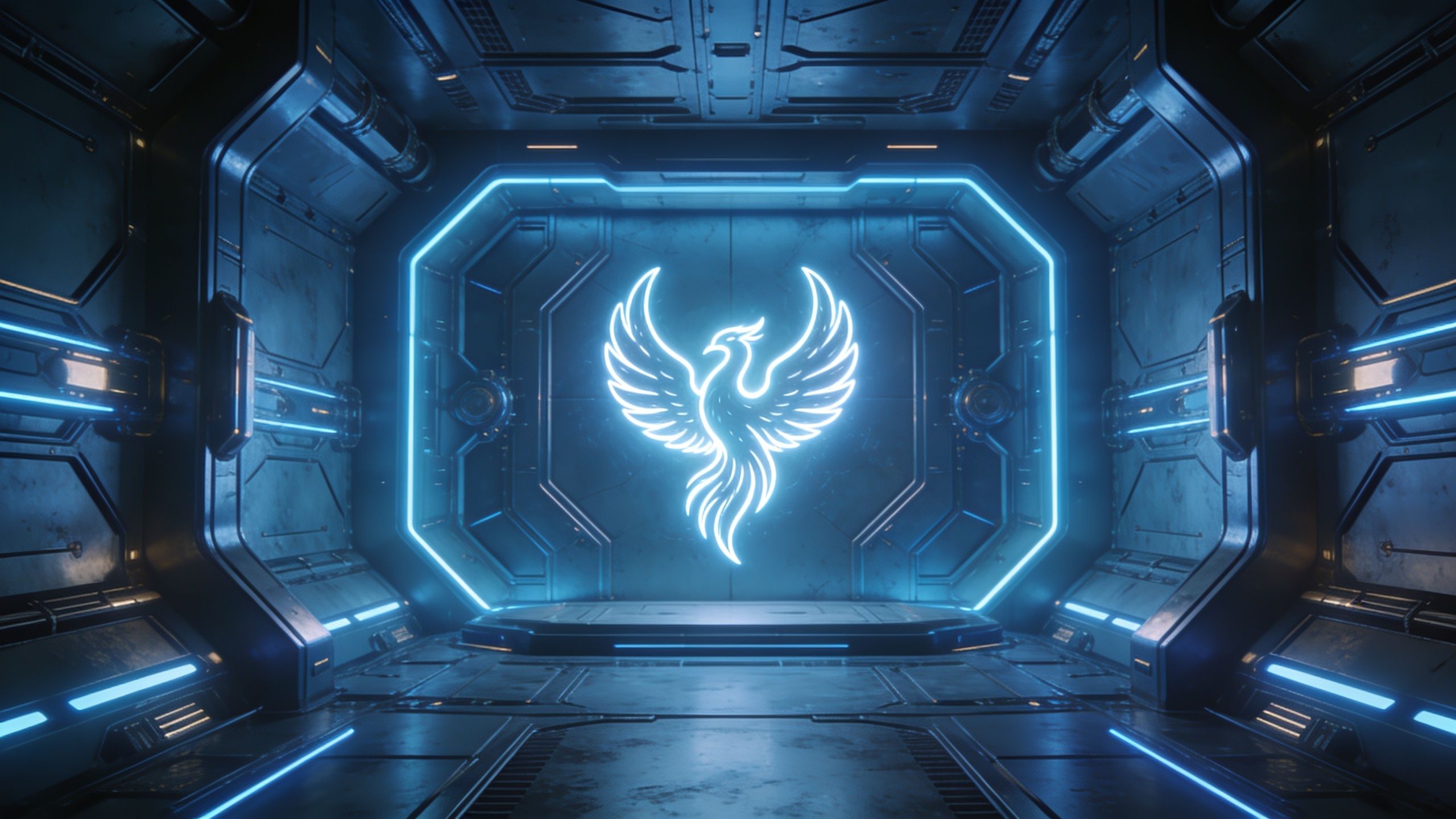 A glowing neon phoenix is depicted in a sleek, metallic sci-fi corridor, creating a vibrant and futuristic atmosphere with its bright blue and white lights.