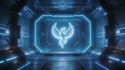 A glowing neon phoenix is depicted in a sleek, metallic sci-fi corridor, creating a vibrant and futuristic atmosphere with its bright blue and white lights.