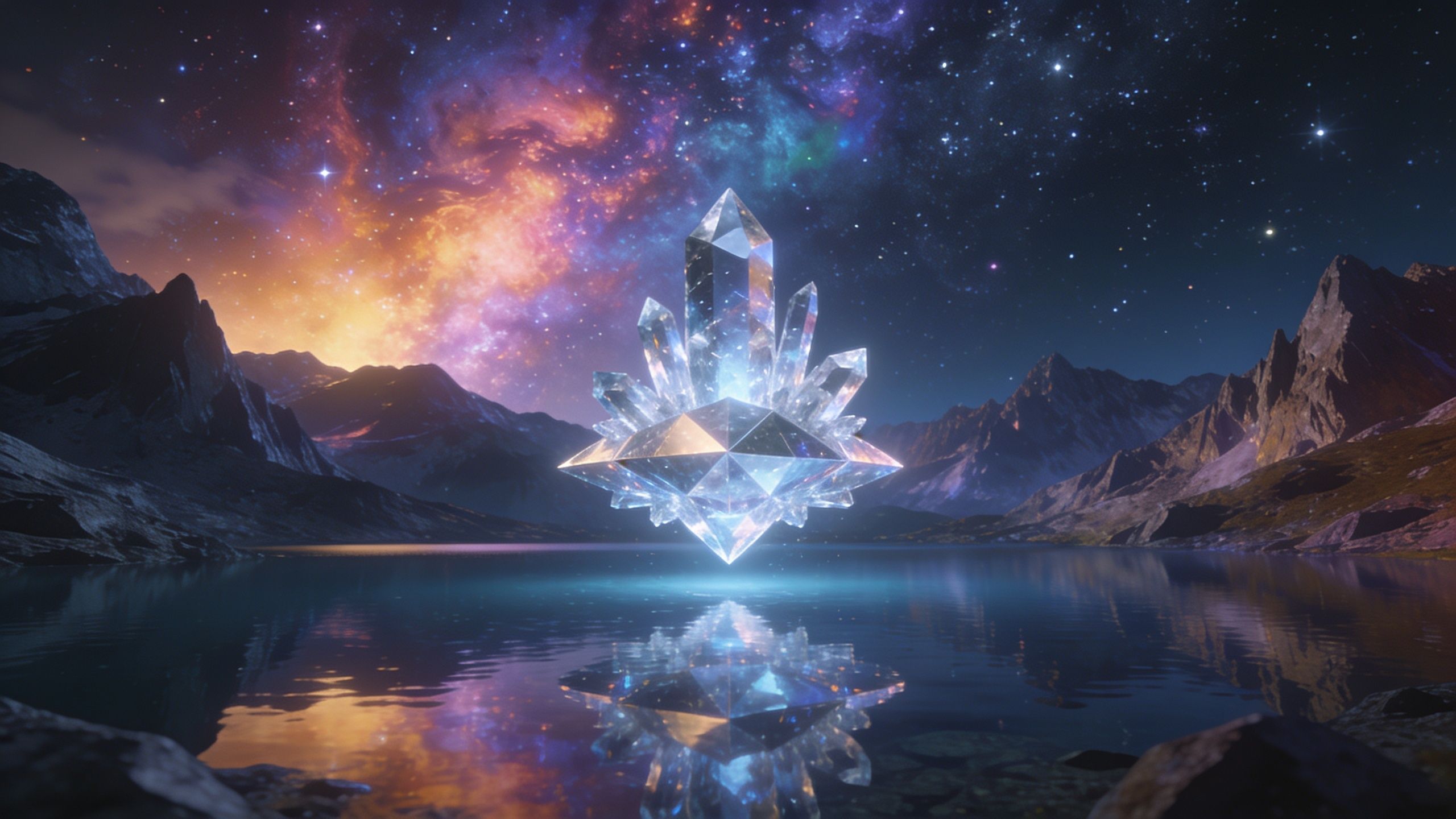A large, luminous crystal hovers above a tranquil lake, reflecting vibrant colors under a starry night sky with a backdrop of majestic mountains, creating a mystical and serene atmosphere.