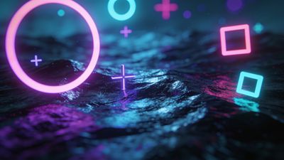 Neon geometric shapes, including circles and squares, glow vibrantly in pink and blue hues over dark ocean waves, creating a futuristic and dynamic atmosphere. The interplay of light and water adds a sense of movement and energy to the scene.