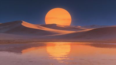 A tranquil scene of a desert at sunset, with rolling sand dunes bathed in warm orange and pink hues as the sun sets on the horizon, reflecting off a serene water surface, creating a peaceful and calming atmosphere.