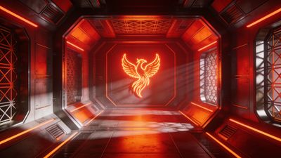 A futuristic corridor illuminated by vibrant neon lights features a glowing phoenix emblem at the end, creating a dynamic and otherworldly atmosphere. The corridor's metallic walls and geometric patterns enhance the sci-fi mood.