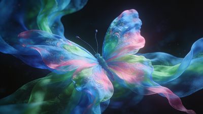 A vibrant, ethereal butterfly with translucent wings in shades of blue, pink, and green is captured mid-flight against a dark, dreamy background, evoking a sense of wonder and fantasy.