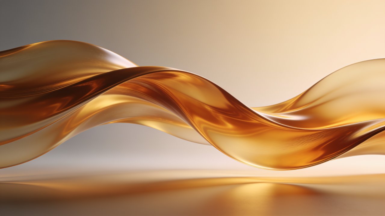 A flowing abstract design features smooth, golden waves that create a sense of elegance and tranquility, set against a softly lit, neutral background. The image evokes a serene and luxurious mood, highlighting the fluidity and richness of the golden hues.