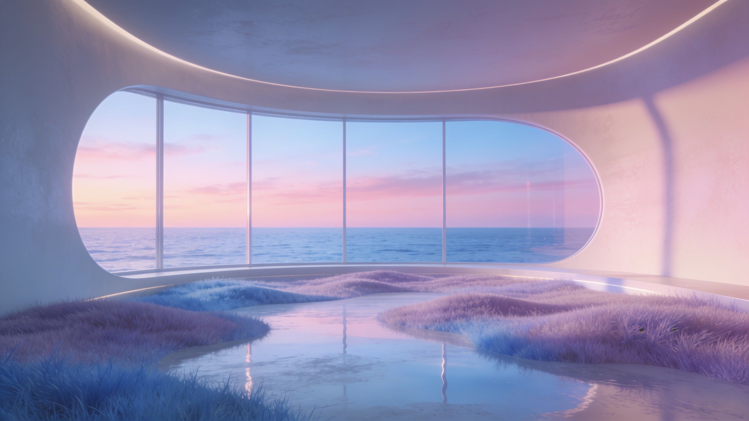 A tranquil ocean view is framed by large, curved windows in a modern room, with pastel pink and blue hues reflecting off the water and soft, grassy textures, creating a serene and calming atmosphere.