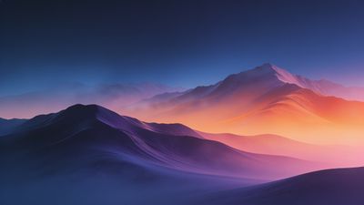 A serene mountain landscape at sunset, featuring rolling hills bathed in vibrant hues of purple, orange, and pink, creating a tranquil and ethereal atmosphere.
