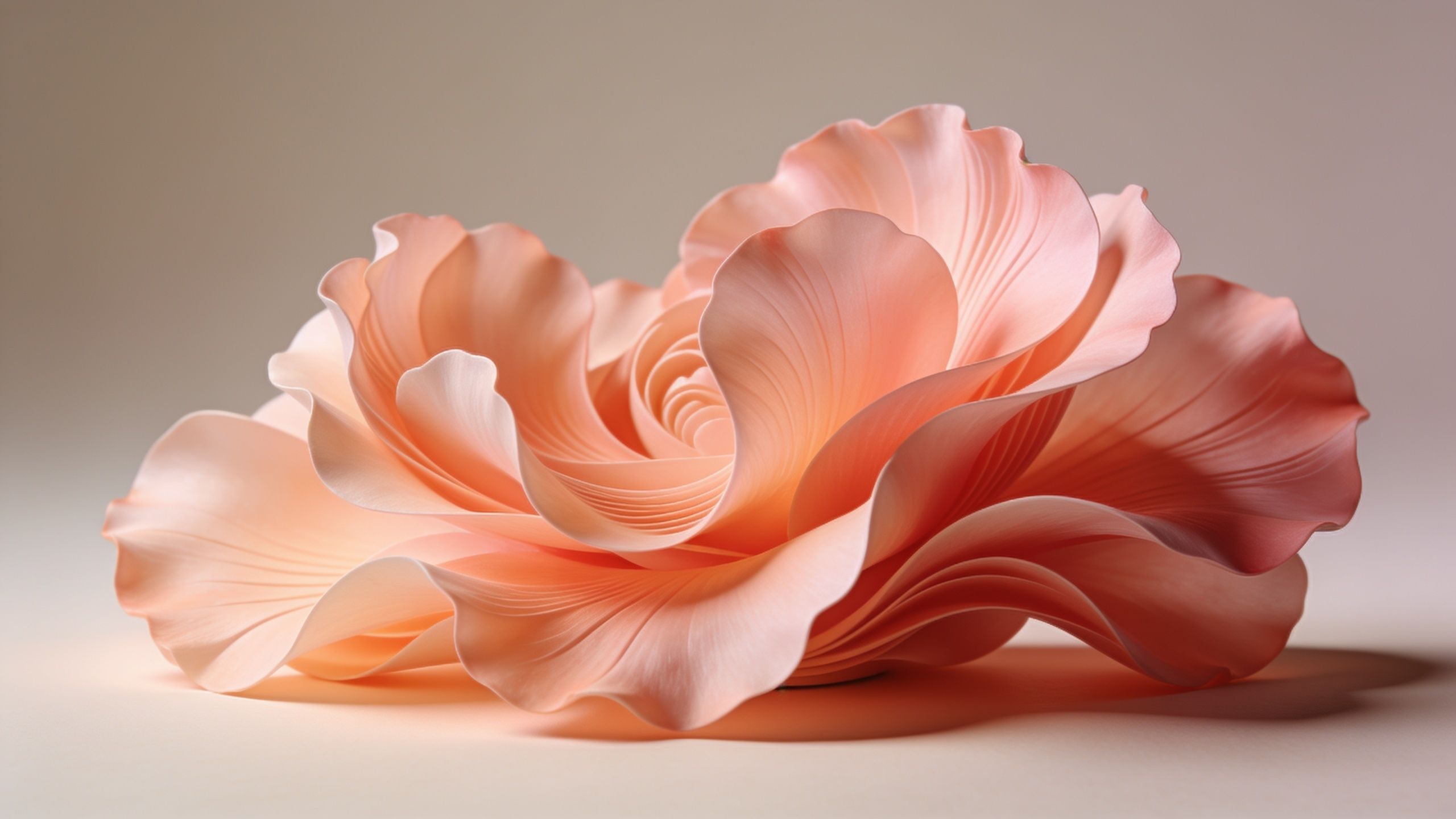 A close-up view of delicate peach-colored petals in soft focus, creating an elegant and serene atmosphere with gentle curves and subtle shading. The background is softly blurred, enhancing the dreamy and tranquil mood of the image.