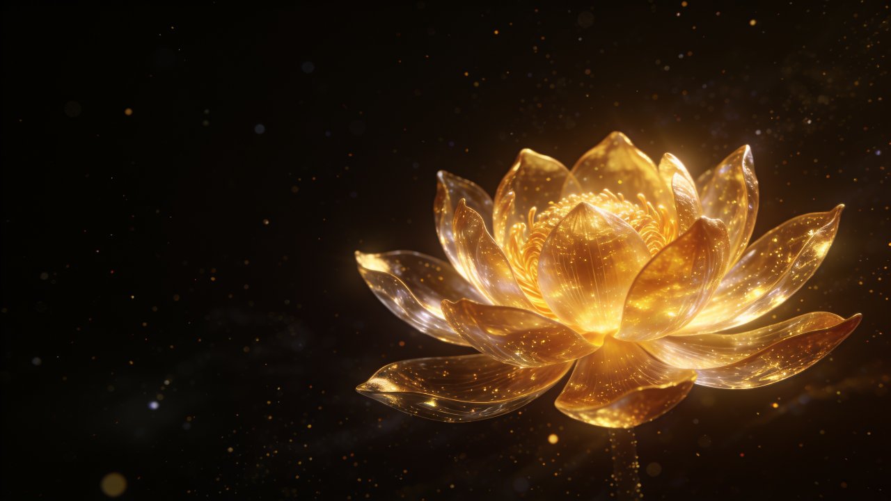 A radiant golden lotus blossom glows with ethereal light against a dark cosmic backdrop, creating a serene and mystical atmosphere with shimmering particles surrounding it.