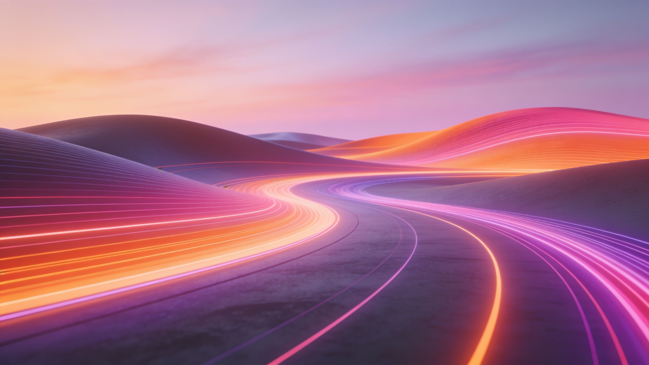 A surreal desert landscape at sunset is illuminated by vibrant neon waves of pink, orange, and purple light flowing across the sand dunes, creating a futuristic and tranquil mood.