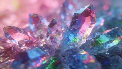 A cluster of vibrant, multicolored crystals is shown in soft focus, with light reflecting off their facets, creating a dreamy and ethereal atmosphere. The background is a gentle blur of pinks and blues, enhancing the serene and magical mood.
