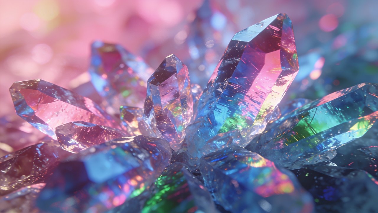A cluster of vibrant, multicolored crystals is shown in soft focus, with light reflecting off their facets, creating a dreamy and ethereal atmosphere. The background is a gentle blur of pinks and blues, enhancing the serene and magical mood.