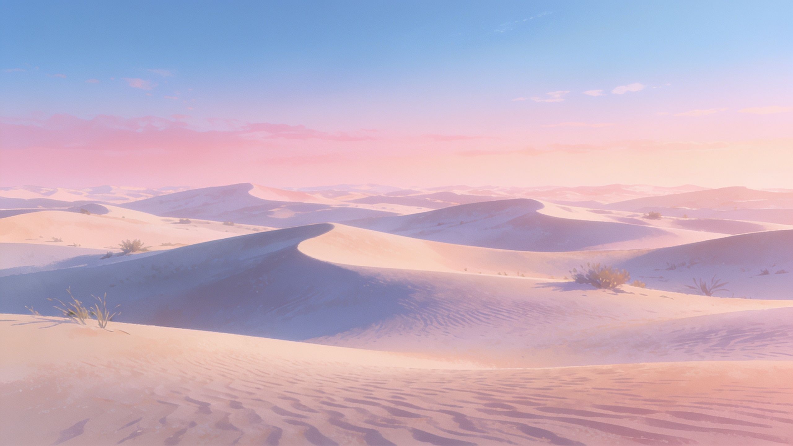 A tranquil desert landscape features rolling sand dunes bathed in the soft, warm hues of a sunset, with a clear sky gradually transitioning from pink to blue, creating a serene and peaceful atmosphere.
